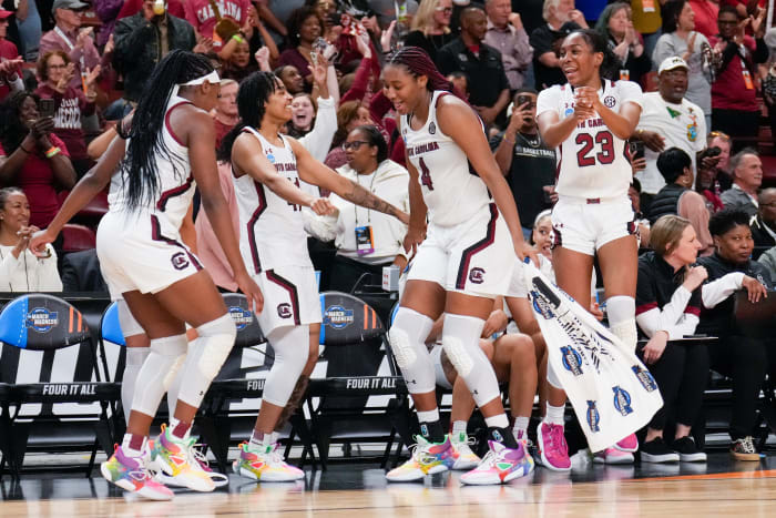 South Carolina Gamecocks bench celebrates during a game.